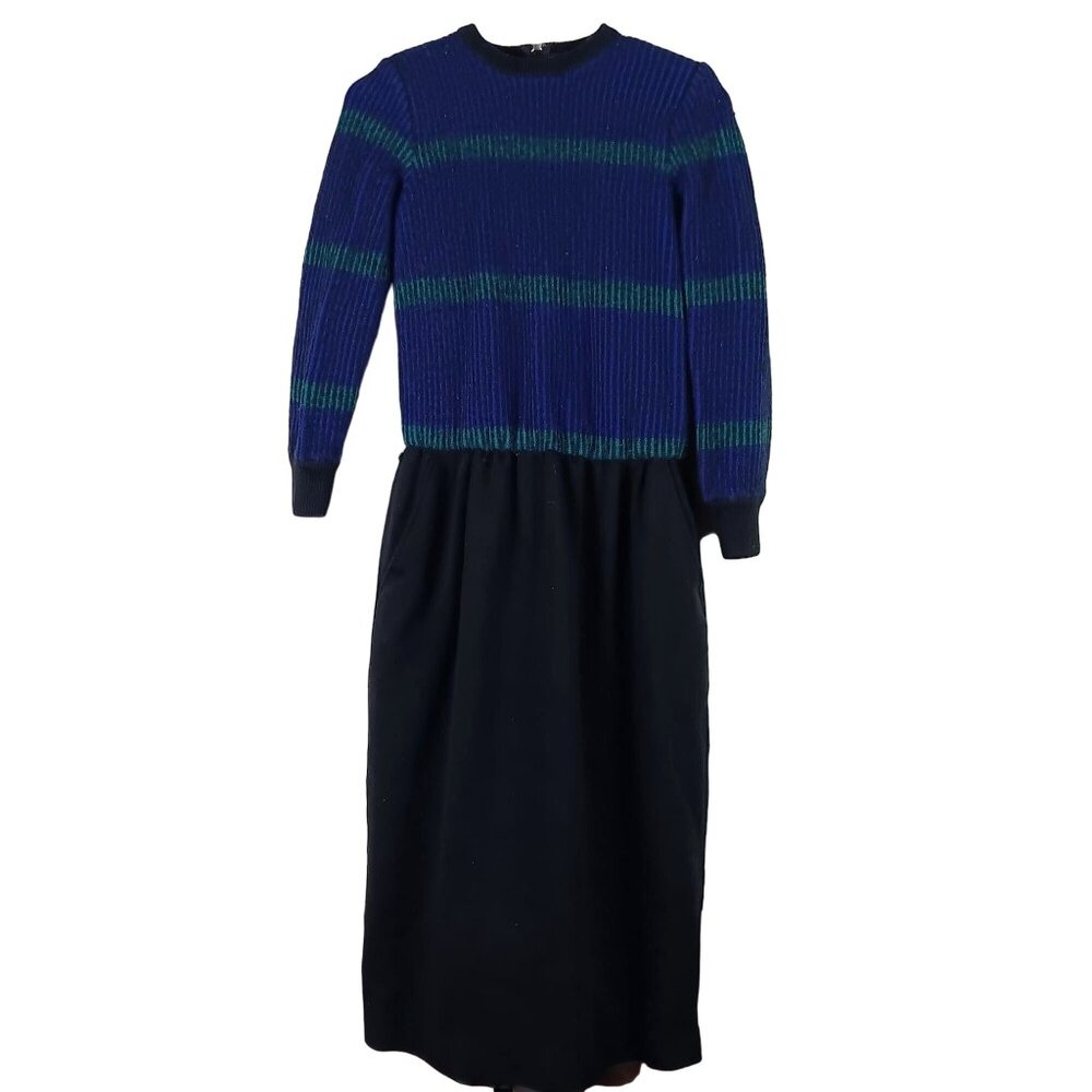 Vintage Wool Sweater Dress Striped Midi Womens 16 Purple Black 80s Academia